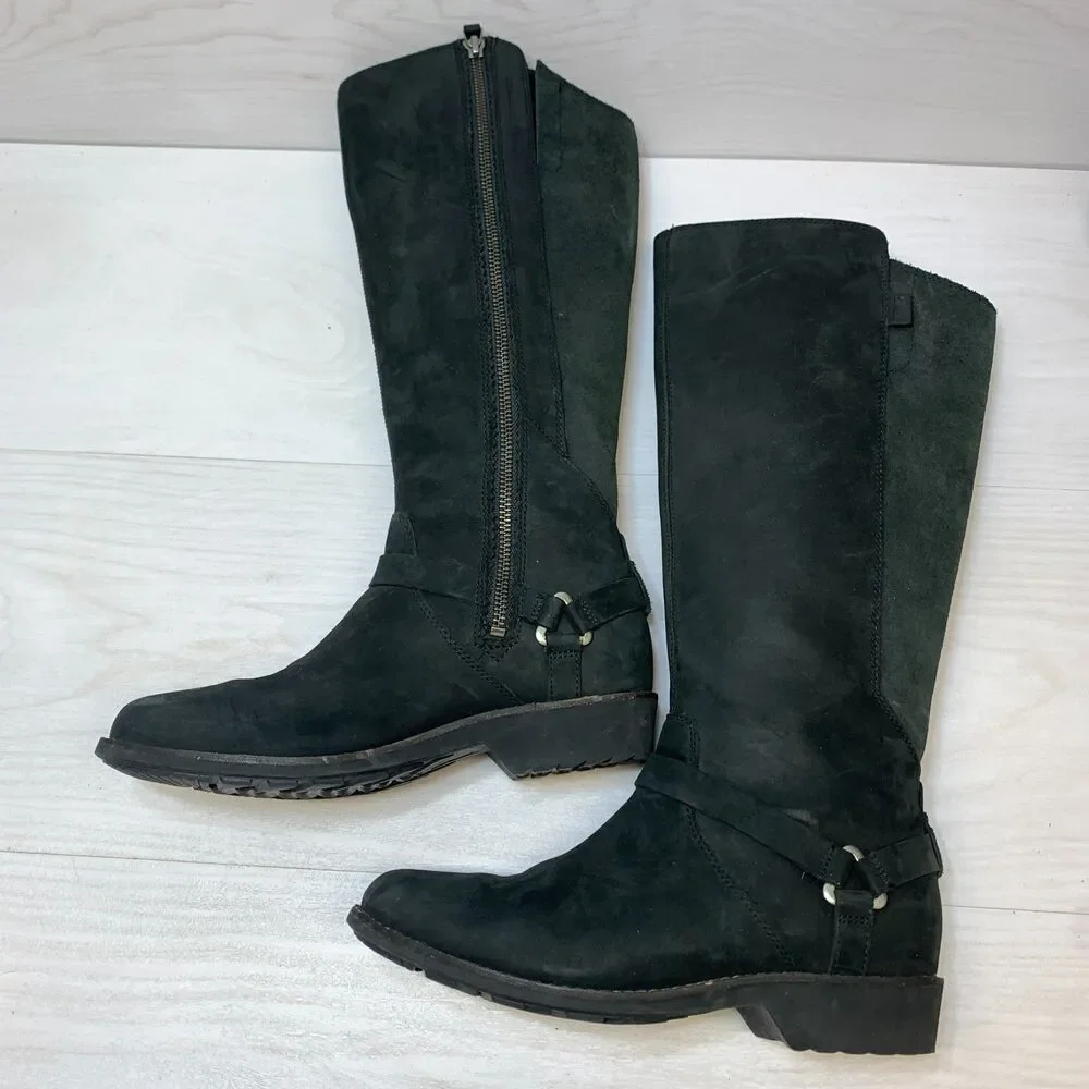 Teva De La Vina Tall Boots Women's‎ Size 7.5 Black Suede Riding Moto Waterproof
